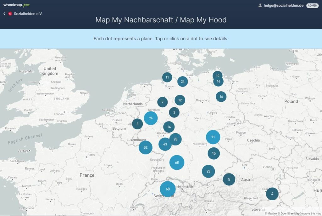 Screenshot of a map showing Germany and the neighboring countries. Especially in Germany many blue dots are visible