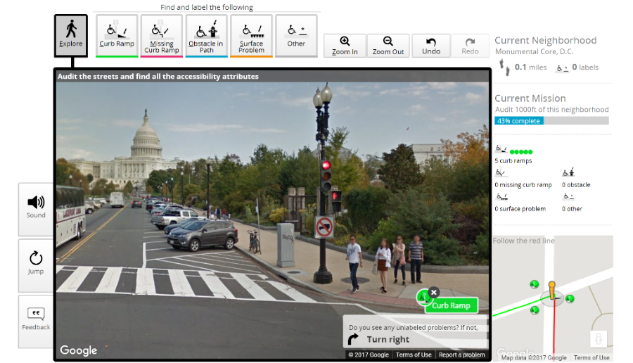 Ansicht eines Google Street View Bildes aus Washington mit den Bedienelementen der Anwendung Project Sidewalk zum Kennzeichnen von Barrieren auf öffentlichen Gehwegen