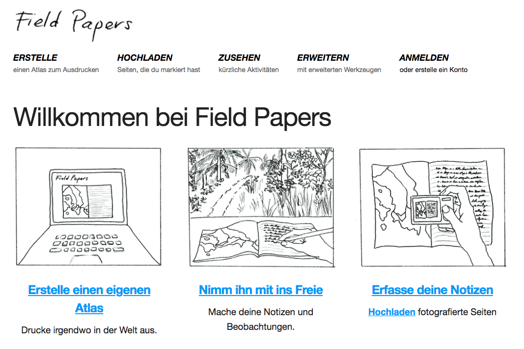 Bildschirmfoto von Fieldpapers.org, auf dem erklärt wird, wie man sich einen Kartenausschnitt ausdrucken kann.