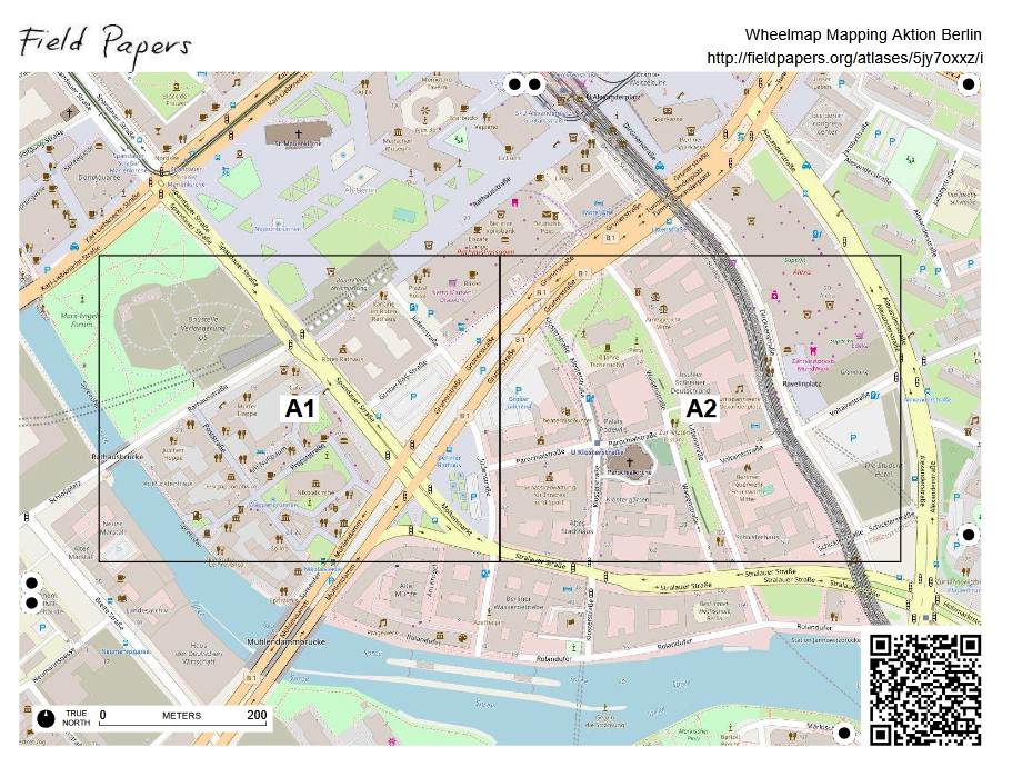 Bildschirmfoto einer gewöhnlichen Stadtkarte, darüber sind zwei Felder gelegt die mit A1 und A2 betitelt sind.