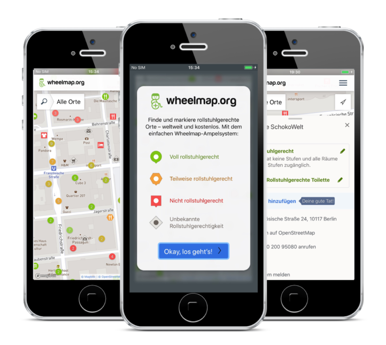 Smartphones, die auf dem Screen drei verschiedene Ansichten der neuen Wheelmap app zeigen