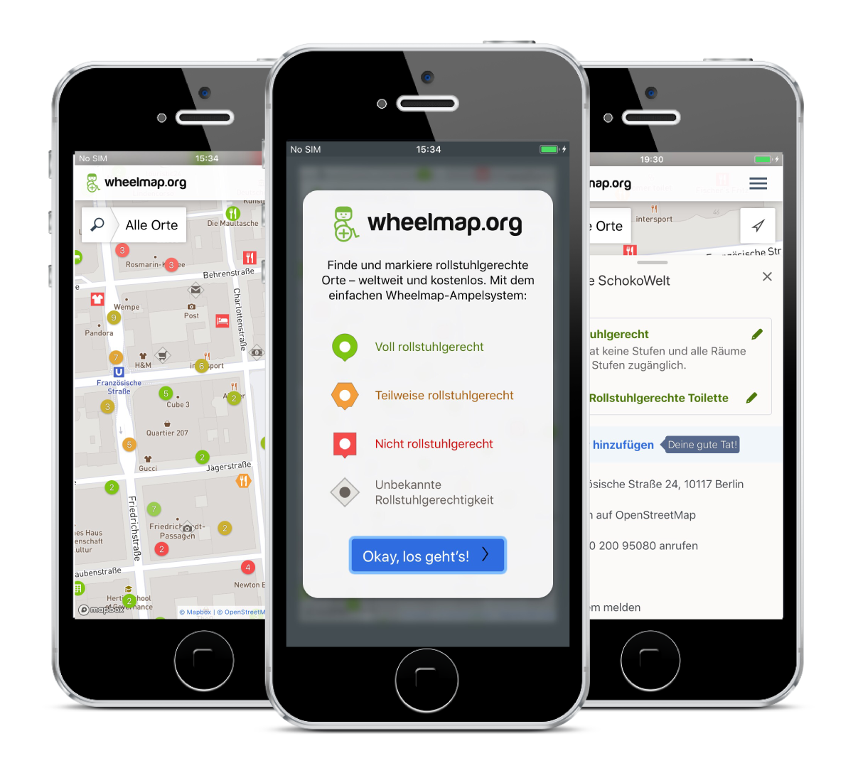 Smartphones, die auf dem Screen drei verschiedene Ansichten der neuen Wheelmap app zeigen
