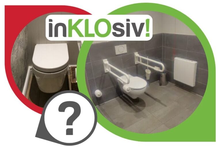 Logo von der Kampagne inKLOsiv. Fotos von einem barrierefreien WC und einem nicht barriererfreien WC. Darunter eine Spechblase mit Fragezeichen.